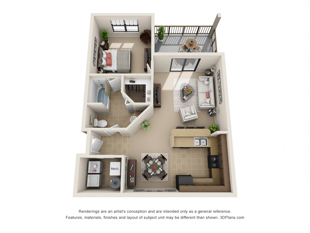 Floor plan for 1 bed, 1 bath, 751 sqft
